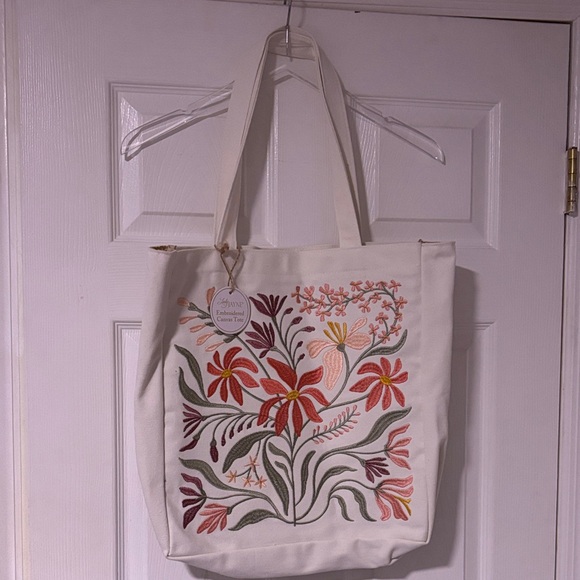 15x17x4…Cream W Muted Floral Tones Embroidered Canvas Tote Bag - - Picture 1 of 7
